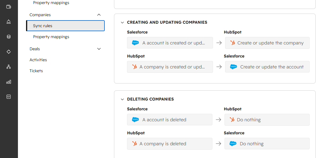 HubSpot-Salesforce Sync Rules showing “Do nothing” deletion settings