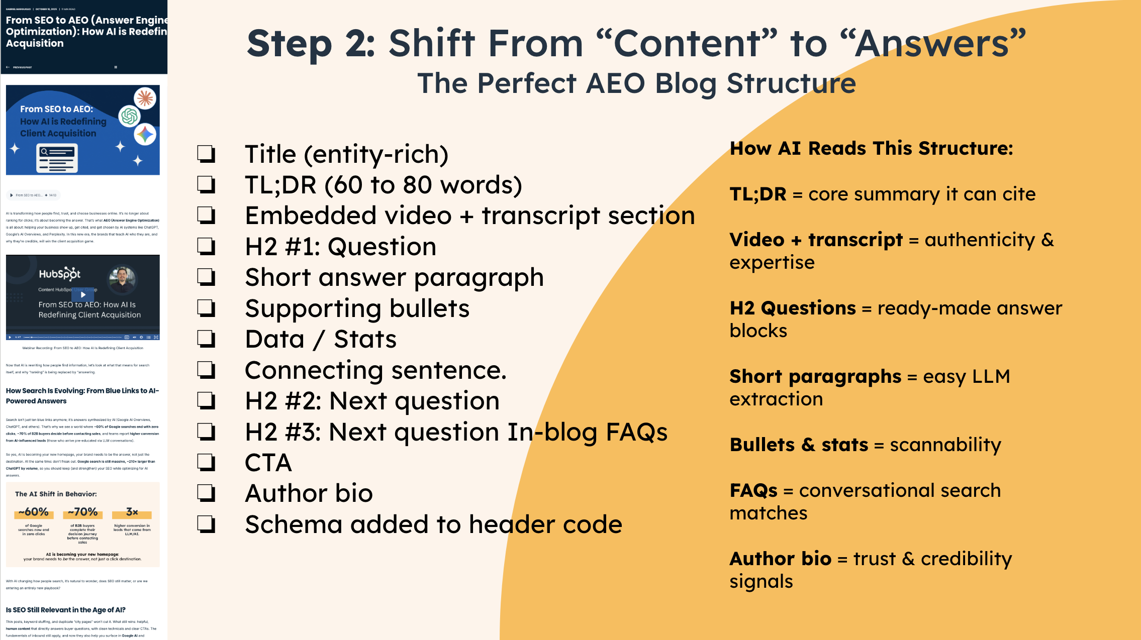 Slide titled “Step 2: Shift From Content to Answers” outlining the perfect AEO blog structure with entity-rich titles, TL;DR summaries, embedded video and transcripts, question-based H2s, short answer paragraphs, supporting bullets, data points, FAQs, author bios, and schema markup for AI extraction.