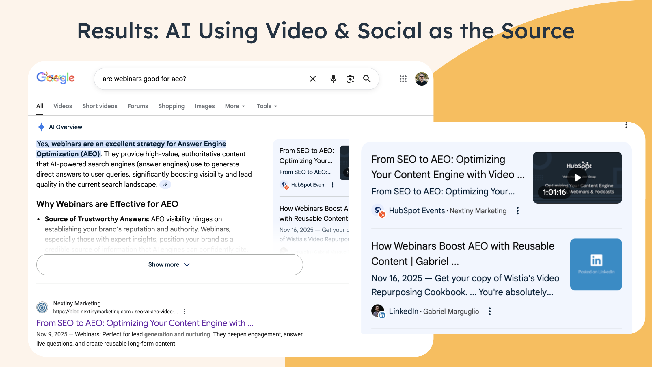 Google AI Overview screenshot showing a search for “are webinars good for AEO?” with AI citing Nextiny Marketing’s webinar and blog content as authoritative sources for answer engine optimization.