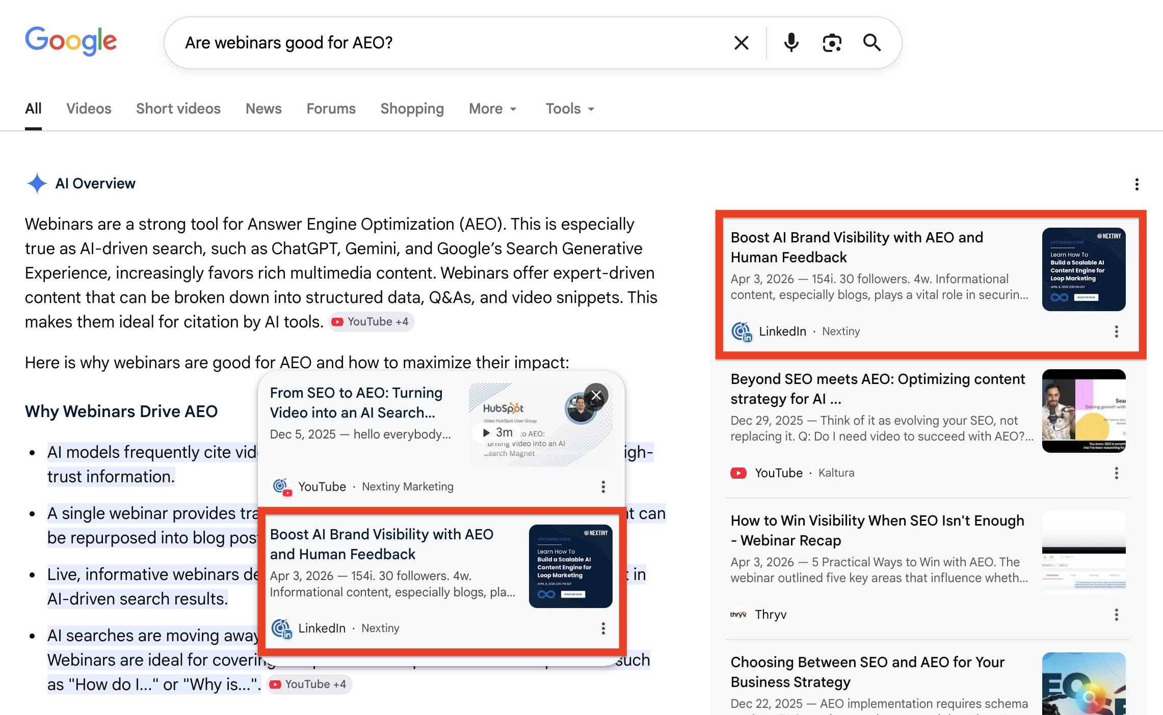 Example: LinkedIn and Youtube used as source for Google AI Overviews