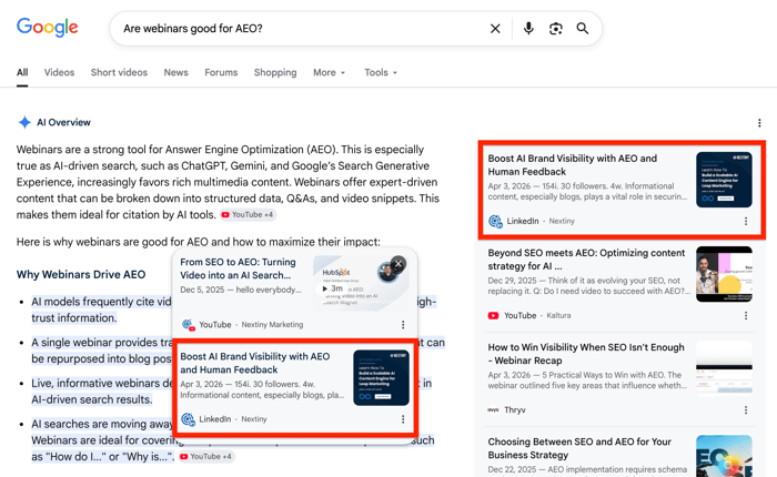 Example: LinkedIn and Youtube used as source for Google AI Overviews