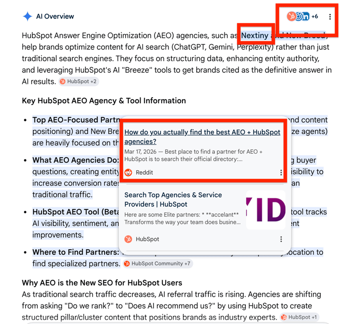 Example: Brand mention in Google AI Overview after multi-channel reinforcement