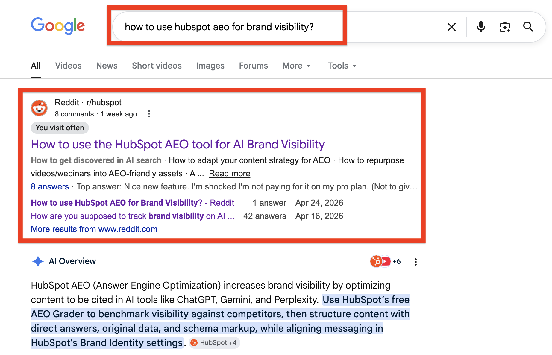 Example: Reddit thread ranking as the top organic result for a target query