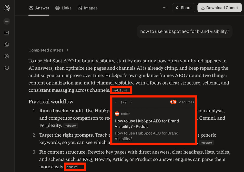 Example: Reddit thread used as a source in AI-generated answer (Perplexity)