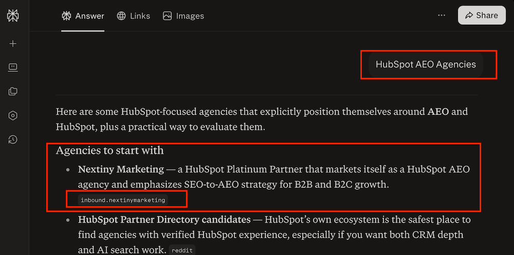 hubspot aeo agencies in perplexity