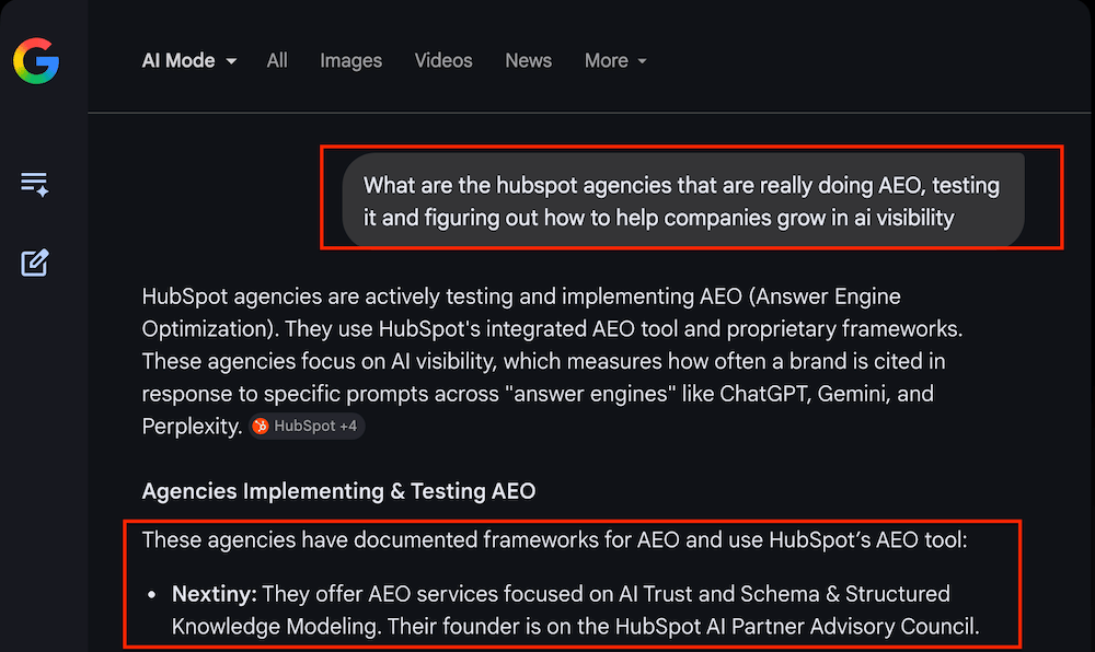hubspot agencies specialized in AEO in google AI mode